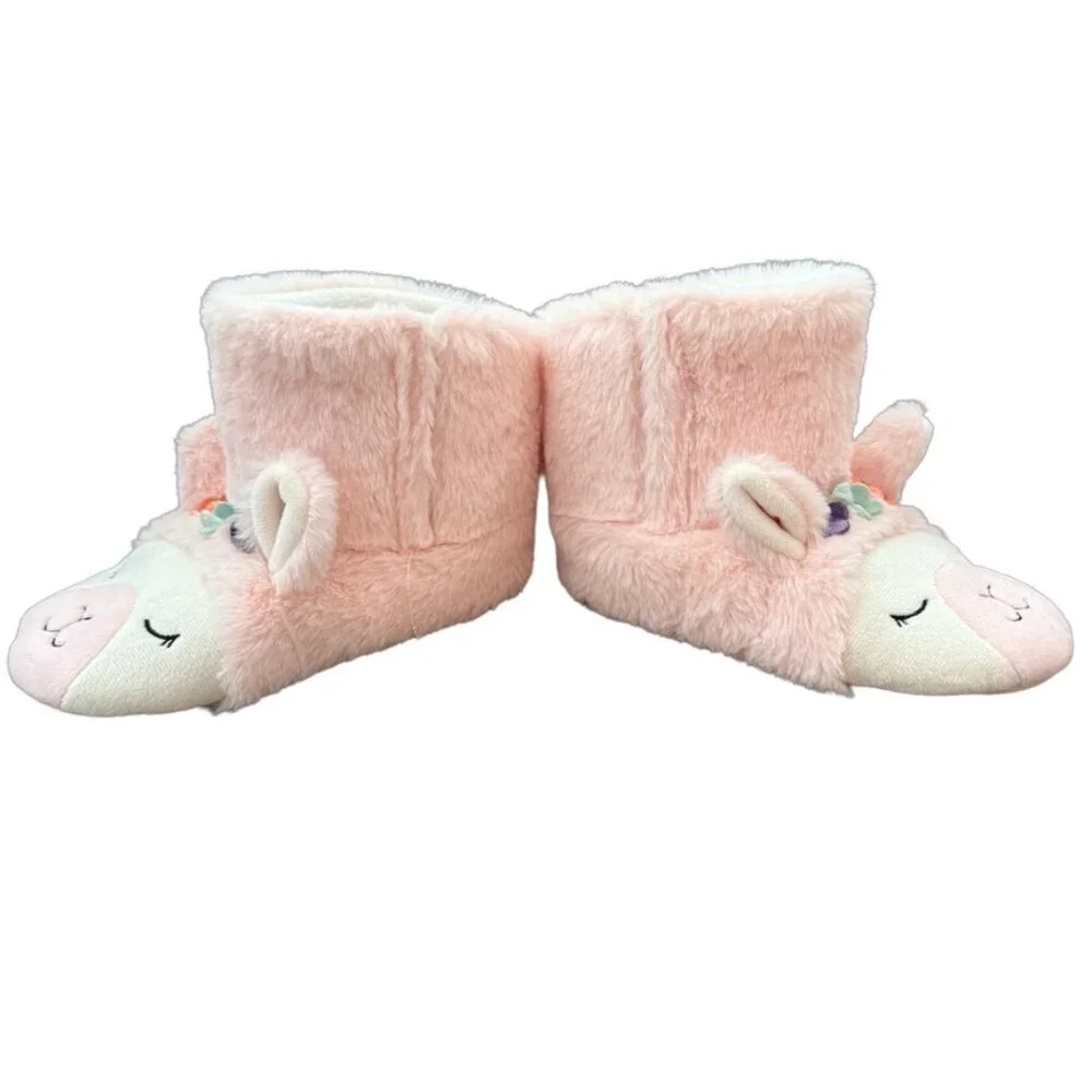Cat & Jack Llama Animal Face Bootie Slippers Plush Pink Girls XL 11/12